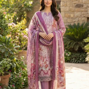 Pakistani style purple embroidered lawn suit fabric with printed dupatta and neckline.