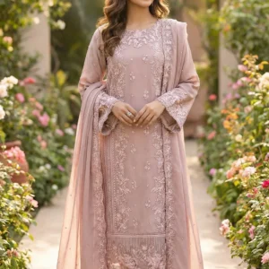 Full-length photograph of a model posing in an elegant pink cotton churidar suit featuring heavy floral embroidery on the kameez and dupatta border, set against a textured pink background.